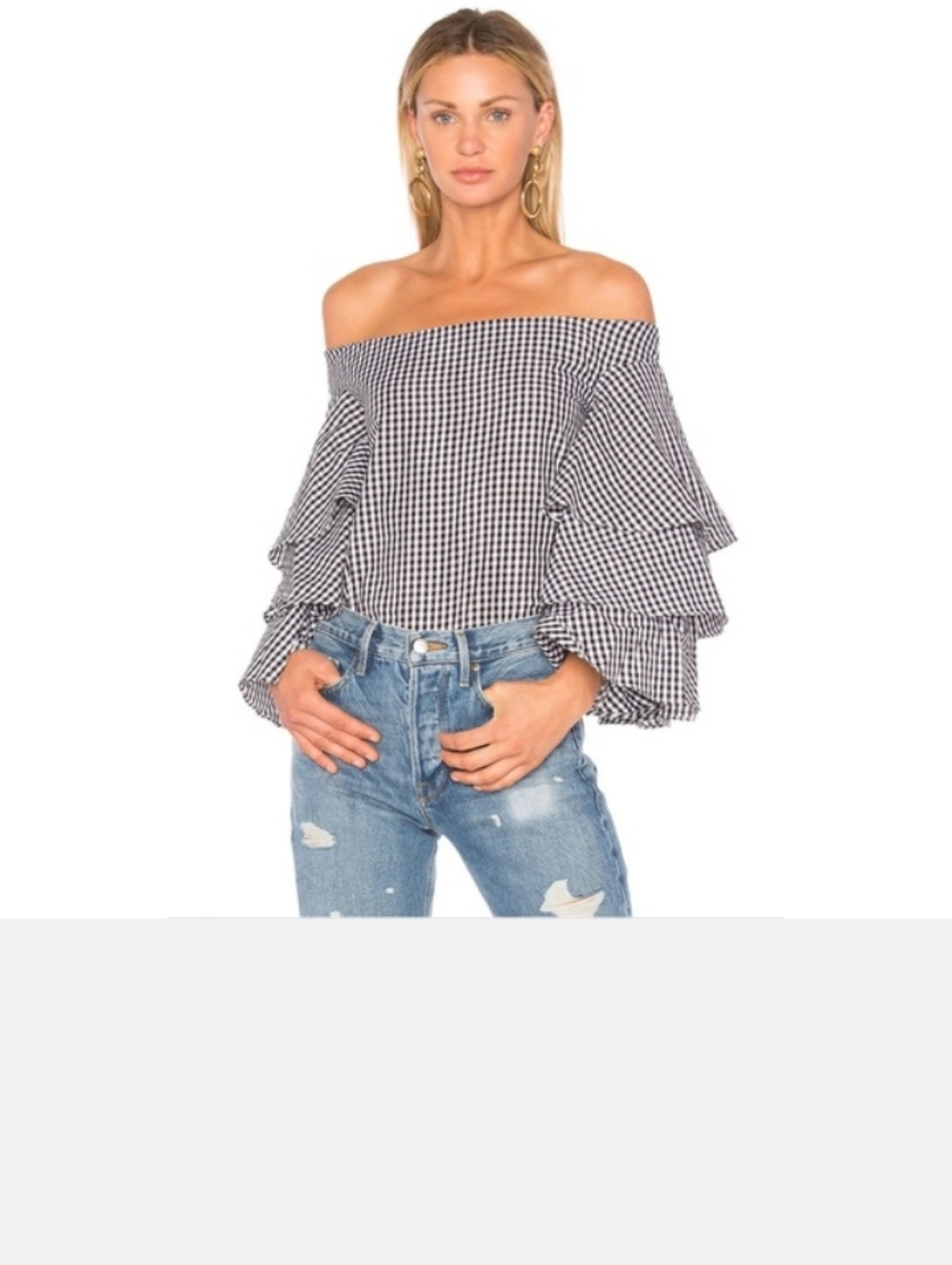 Revolve X Endless Rose Black & White Gingham Off-Shoulder Ruffle Top NWT